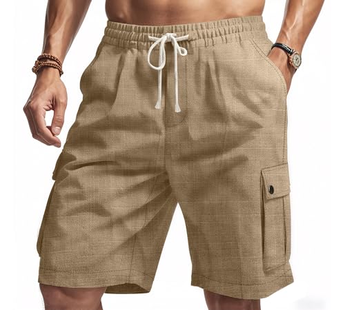 Mens Casual Linen Cargo Shorts Summer Fashion Solid Color Drawstring Elastic Waisted Beach Shorts Pockets - color: Khaki, size: Medium