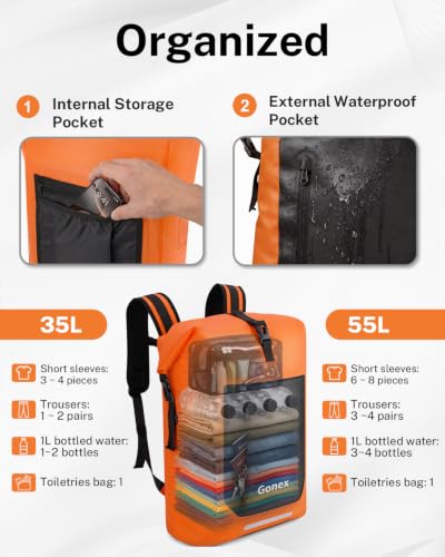 Gonex Waterproof Ultralight TPU Backpack 35L Roll Top Dry Bag, Kayaking | Back Padding, Camping, Fishing, Travel, Adjustable Straps, External & Internal Storage Pockets, Orange - color: Orange, size: 35L