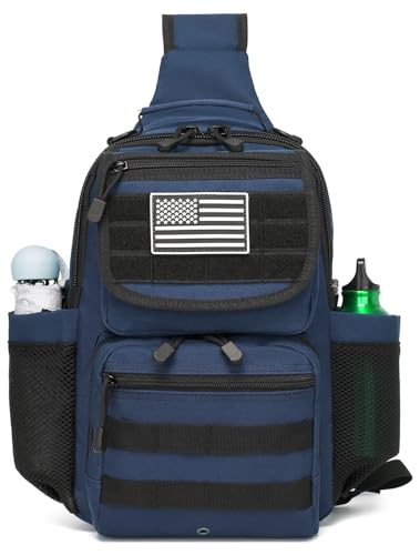 Tactical Sling Crossbody Bag Holster Shoulder Backpack 15L Water Bottle Holder Radio Pouch 6 Elastic Slots for Men Women Hiking Hunting Shooting - color: Navy Blue