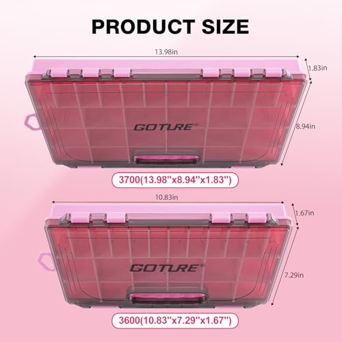Goture Fishing Tackle Box Organizer - Transparent Fishing Organizer Box w/Measurement Ruler, Adjustable Dividers, Dual Latches | 4 Pcs 3600 Tackle Tray| Ergonomic Grip - color: C - Pink/Handle, size: 4pcs 3700