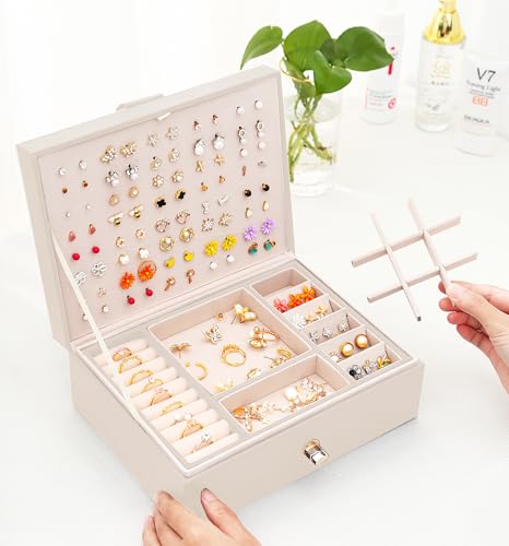 QBestry Girls Jewelry Box Earring Holder Organizer for Girls Jewelry Organizer Box Stud Earrings Organizer for Girl Womens Beige Jewelry Box for Earrings and Necklaces Rings Stud Earring Box for Teen - color: Beige, size: Medium