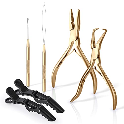 EHDIS Hair Extension Beading Tool Kit Stainless Steel Hair Extensions Micro link Bead Closer and Remover Pliers set, Beads Hair Pulling Hook & Micro Ring Loop Tool Set (Gold) - color: Gold
