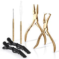 EHDIS Hair Extension Beading Tool Kit Stainless Steel Hair Extensions Micro link Bead Closer and Remover Pliers set, Beads Hair Pulling Hook & Micro Ring Loop Tool Set (Gold) - color: Gold
