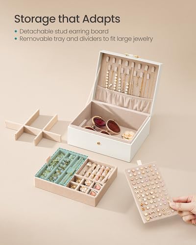 SONGMICS 2-Layer Jewelry Box Organizer, Jewelry Storage Case with Removable Tray and Handle, for Necklaces, Earrings, Rings, Bracelets, 6.7 x 8.1 x 3.7 Inches, Gift Idea, Cream White UJBC208WD01 - color: Cream White