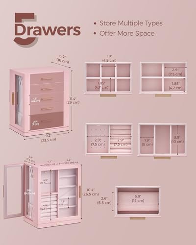 Glimmloop 360° Rotating Jewelry Box with 5 Drawers, Spacious Vertical Jewelry Organizer with Glass Window, Jewelry Storage Case, Dustproof & Moisture-resistant Design, Pink - color: Pink, size: 5 Drawers (6.2"D x 9.2"W x 11.4"H)