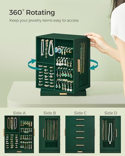 SONGMICS GISELLA Collection - Jewelry Box Organizer 360° Rotating, Vertical Jewelry Storage Case with 5 Drawers, Glass Window, Spacious, Open Design, Great Gift, Forest Green UJBC170C01 - color: Forest Green, size: 5 Drawers (6.3"d X 8.7"w X 11.2"h)