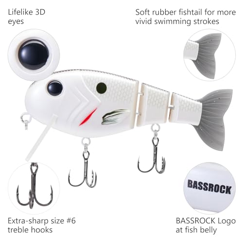 BASSROCK Topwater Fishing Lures for Bass Pike Salmon Floating Swimbait Jointed Crankbait Freshwater Saltwater 4.9in/1.76oz RK1001 - color: White Shad, size: 3.9in/1.04oz