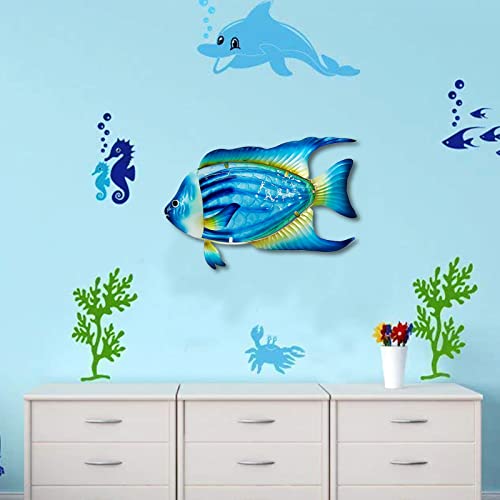 John's Studio Fish Sea Wall Decor Outdoor Metal Garden Hanging Art Glass Sculptures Home Ocean Theme Decorations for Kitchen Bathroom and Pool - Blue - color: Fish - Blue