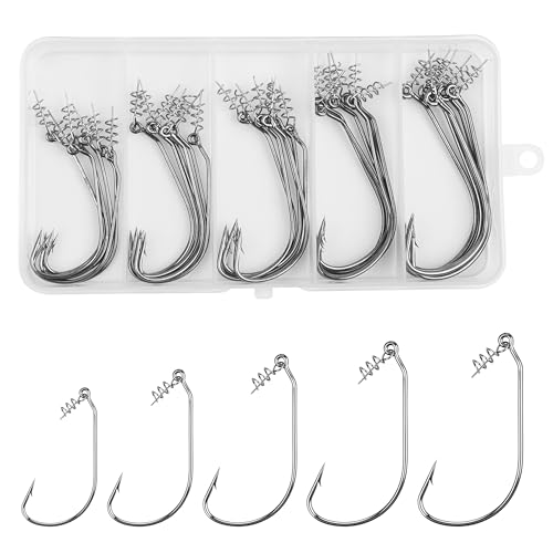 Swimbait Hooks Twist Lock Fishing Hook, 30pcs Worm Hooks with Centering Pin | Weedless Hooks, For Soft Plastic Lures, Bass Hooks, Unweighted Twistlock Hooks, Size 1/0 2/0 3/0 4/0 5/0, Freshwater Hooks - color: Mixed Sizes-30pcs