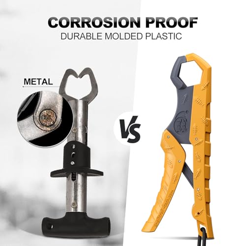 SNAIL TRAIL 7.5''/9'' Floating Fish Gripper, Fishing Grabber, Catfish Mouth Pliers, Caught Bass Holder, Digital Scale Hook Clamp, Saltwater Lip Grip Tool with Lanyard, Gifts for Men, Yellow-Gray - color: Yellow-gray, size: 9"
