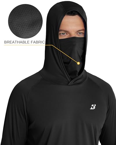 Roadbox Men's UPF 50+ Hooded Fishing Shirts Long Sleeve Sun Protection Hoodie, Hiking Running Swimming Rash Guard with Mask - color: Black, size: Large