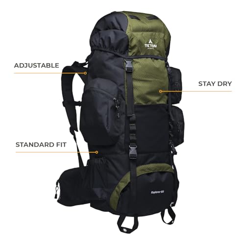 Teton 65L Explorer Internal Frame Backpack for Hiking, Camping, Backpacking, Rain Cover Included, Black - color: Onyx, size: 65L