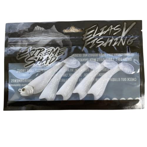 Mackinaw Shad Pre Rigged Swimbait, Paddle Tail Swim Baits, Ready to Fish Soft Plastic Swimbaits, Swim Baits for Bass Fishing, Saltwater Fishing Lures and Freshwater Fishing Lures - color: Ice White