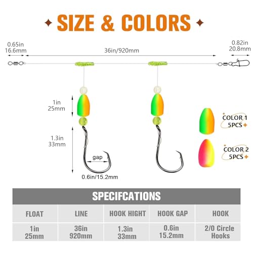 Dovesun 10PCS/4PCS Pompano Rigs for Surf Fishing Saltwater Fishing Rigs with Floats and Beads Unique Double-Line T-Knot Pre-Rigged Surf Fishing Gear & Tackle with Circle Hooks - color: Bullet Float(2colors)*10PCS, size: 2/0 Hook