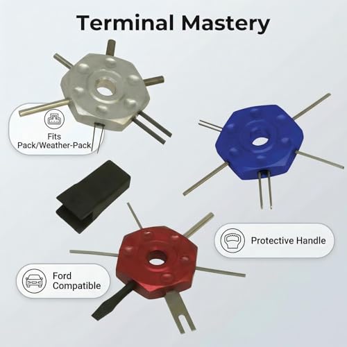 4-Piece Wire Terminal Release Tool Kit, Compatible with Lisle 57750 GM Ford | 4-piece color-coded release tool kit for GM, Ford, Weather-Pack & Pack-Con connectors. Replacement for Lisle 57750 specs.