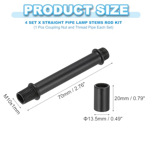 PATIKIL Straight Pipe Lamp Stems Rod Kit, 4Set M10 Carbon Steel 70mm(2.76") Long Double End Thread Rod with Coupling Nuts Sleeve Connector for Table Lamps Chandeliers, Black - color: Black, size: 70mm(2.76")