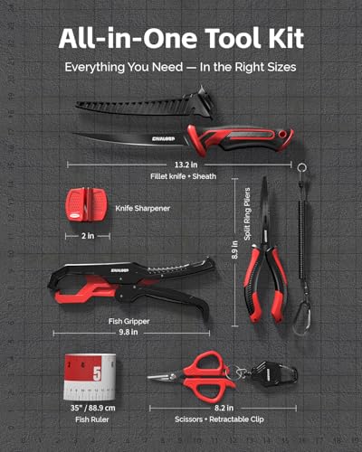Fishing Tools Kit, 7pc Fishing Pliers Kit with Fillet Knife, Split Ring Pliers, Braid Scissors, Fish Gripper, Ruler, Sharpener & Lanyard, Saltwater & Freshwater Fishing Gear & Fishing Gifts for Men