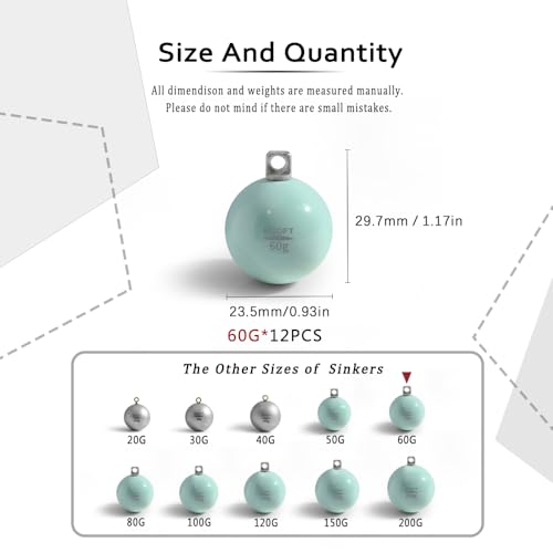 Lead Free Fishing Weights Sinkers 20g-200g Coated Egg Sinkers Cannonball Weights Assorted Sizes Bag and Fishing Weights Assortment Box Non-Lead Fishing Weights Saltwater Freshwater - style: 60g(2.11oz)-12pcs