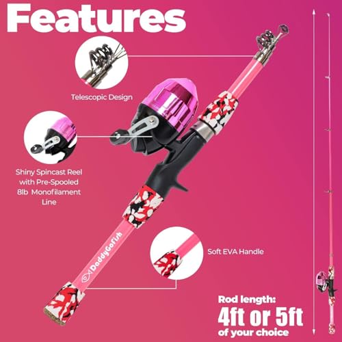 DaddyGoFish Kids Fishing Pole - Rod Reel Combo Tackle Box Starter Set - First Year Small Gear Kit for Boys Girls Toddler Youth Age Beginner Little Children - color: 2 Pack- Pink + Pink (Essential Set), size: 5ft