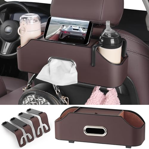 Car Rear Backseat Extra Multifunctional Drink Cup Holder Organizers with Tissue Storage Box Organizer & Hooks for Car Seat Back (Brown) - color: Brown