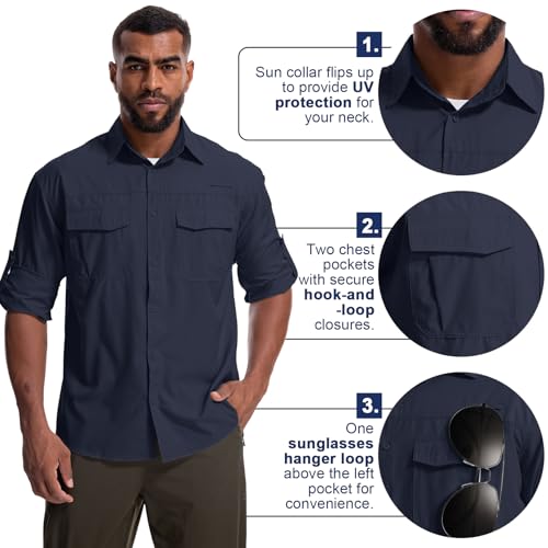 Mens Safari Sun Shirts UPF 50+ UV Sun Protection Long Sleeve Outdoor Quick Dry Fishing Hiking Gardening Shirts - color: 5051 Azure Blue, size: Large
