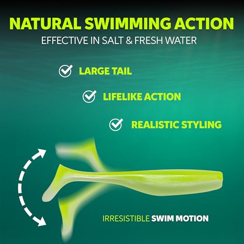 Soft Plastic Paddle Tail Swimbaits – 3 1/4", 4" & 5" Soft Plastic Fishing Lures with Extra-Large Tail for Lifelike Swimming Action – Freshwater & Saltwater - color: Electric Green, size: 3 1/4 Inch - 12 Pack