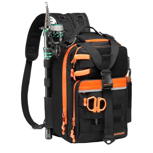 BASSDASH Convertible Fishing Backpack Sling Bag with Rod Holder, Adjustable Tactical Water-Resistant Tackle Storage Pack FP07 - color: Black/Blaze Orange, size: Large