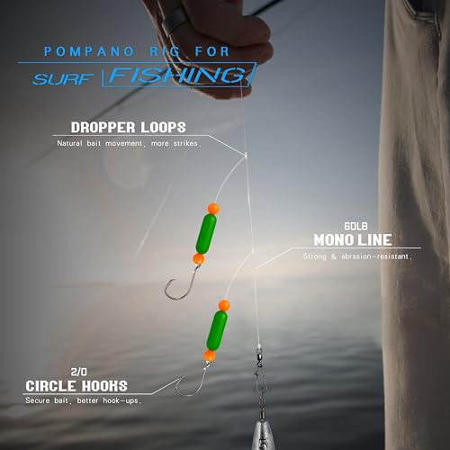Pompano Rig Saltwater Surf Fishing Rigs – Double Drop Leader Rigs with Hooks, Floats, Beads & Snap – Easy Pre-Tied Terminal Tackle for Pompano, Whiting, Redfish - color: Assorted Colors–B, size: 12 Pack
