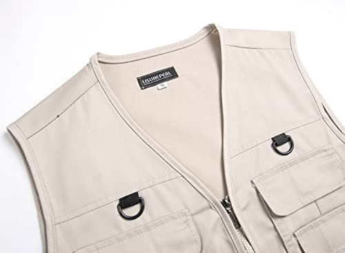 Men’s Fishing Vest Summer Outdoor Work Safari Travel Photo Vest with Multi Pockets - color: Beige, size: X-Small