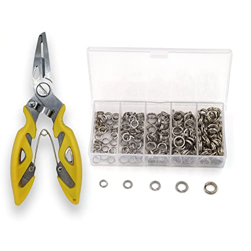 Pack of 201pcs Fishing Stainless Steel Split Rings 5 Sizes and Plier Set, Split Ring Capable of withstanding Large tensile Force and Fishing Plier Tool Kit for Saltwater Fishing Lure Connectors… - color: Yellow