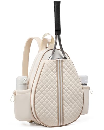 Sucipi Tennis Bag, Quilted Tennis Sling Crossbody Backpack, Water Resistant Tennis Racket Bags for Women Men, Suitable for Pickleball Tennis Badminton - color: Beige, size: Medium