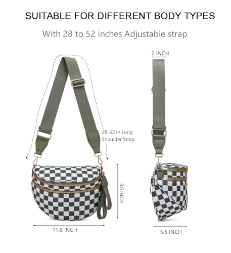Pure Colour Crossbody Bum Bags for Women Spacious Checkered Cross body Bag Nylon Trendy Fanny Pack for Travel - color: Beans Green Checkered