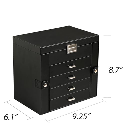 Frebeauty 5-layer Jewelry Box,Faux Leather Jewelry Organizer with 4 Drawers,Jewelry Organizers and Storage with Mirror,Jewelry Holder Organizer for Necklace,Jewerly Boxers for Women Girls(Black) - color: Black, size: Medium