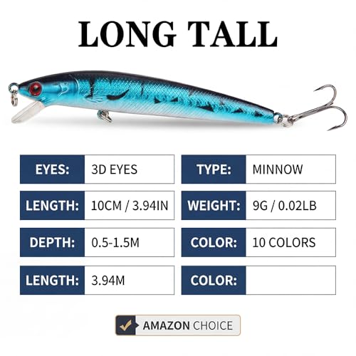 Fishing Lures Kit Set 10 Pack Fishing Lures Hard Baits, 3D Artificial Minnow Crankbait & Swimbait Lure Kit for Freshwater & Saltwater, Bass, Trout, Walleye, Redfish