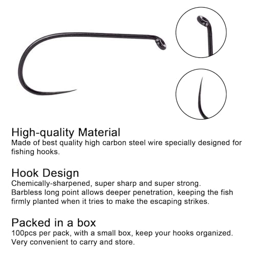 Eupheng Fly Fishing Hooks 100pc Pack Barbless Catch & Release Dry Wet Nymph Shrimp&Pupa, Streamer, Caddis, Jig, Scud Flies Fishing Hooks - color: EP Fly-C&R-DRY-0001, size: #12