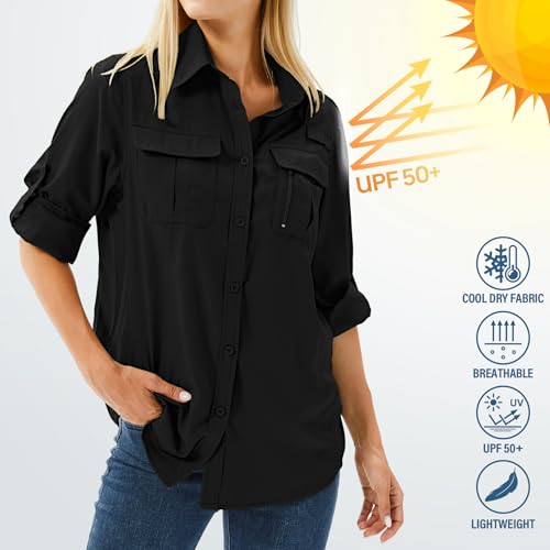 Women's UPF 50 Long Sleeve Sun Protection Shirts Safari Fishing Hiking - color: Black, size: X-Small