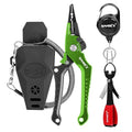 SAMSFX Aluminum Fishing Pliers Hook Remover Braid Line Cutter with Coiled Lanyard, Fly Fishing Knot Tying Tool & Retractors - color: Gray & Green Handle, Split Ring Nose