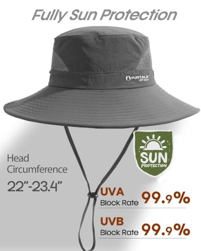 FURTALK Mens Bucket Sun Hat UPF 80+ Wide Brim Hiking Fishing Beach Outdoor Hats - color: Dark Grey