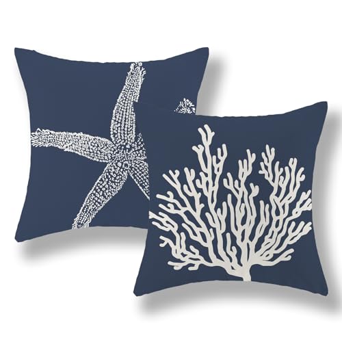 Navy Blue Coastal Pillow Covers 16x16 Inch 2 Pcs Starfish Coral Summer Outdoor Decor Throw Pillows Nautical Beach Ocean Holiday Decoration Pillowcase Linen Cushion Cover for Couch Sofa - color: Navy Blue Starfish Coral, size: 16" x 16" (Pack of 2)
