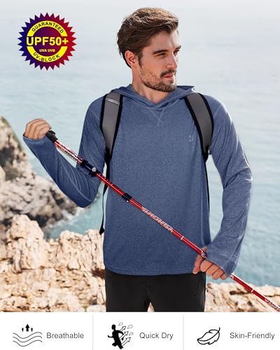 Roadbox Mens UPF 50+ Fishing Shirts, Long Sleeve UV Sun Hoodie, Hiking Running Swim Athletic Workout Shirt - color: A02-dark Blue, size: Medium