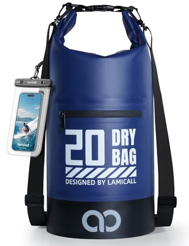 Lamicall Waterproof Dry Bag with Phone Pouch - 5L/10L/20L/30L/40L Floating Roll Top Backpack for Kayaking Boating Beach Camping Fishing - Heavy Duty 500D PVC Marine Dry Sack for Men, Women, Blue 20L - color: Navy Blue, size: 20L