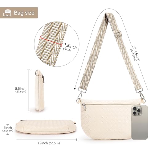 KALIDI Woven Crossbody Bags for Women Travel Vegan Leather Fanny Packs for Woman Cross Body Purse Fashion Belt Bum Bag with Wide Strap - color: Beige