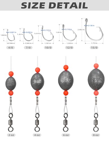 BLUEWING Fishing Grouper Rig Saltwater Fishing Rig with 2/4/6/8oz Egg Sinker Weight, Mono Line and Stainless Steel Circle Hook for Offshore Big Game - size: 4/0-4oz-0.6mm-50lbs