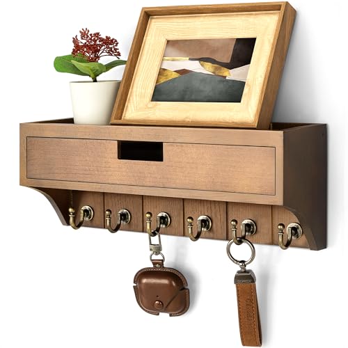 Rebee Vision Farmhouse Pine Wood Key Holder Wall Mount with Drawer Organizer – Mail Organizer with 6 Sturdy Key Hooks and Storage Drawer – Rustic Home Decor for Apartment Essentials (Brown) - color: Brown, style: 1-Drawer