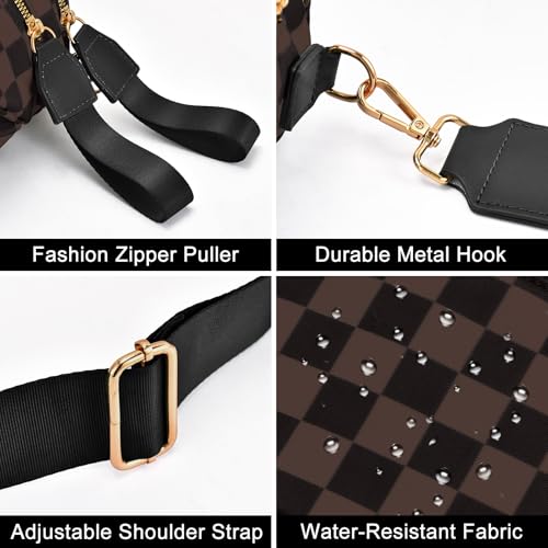 Checkered Nylon Crossbody Bag Bum Bag for Women Mom Large Checkered Fanny Packs with Adjustable Strap - color: Black Brown Checkered