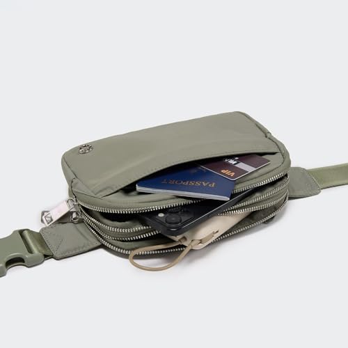 Pander Everywhere Belt Bag for Women, 5 Zipper Pockets Nylon Crossbody Fanny Pack Purse (Grey Sage). - color: Grey Sage