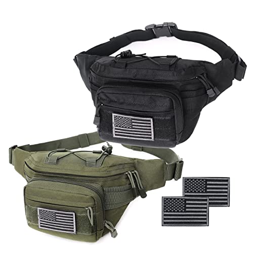 Tactical Fanny Pack, Military Waist Bag Hip Belt Bumbag Utility Bags for Outdoor Hiking Climbing Fishing with U.S Patch (Black+Green) - color: 2 Pack Black+Green