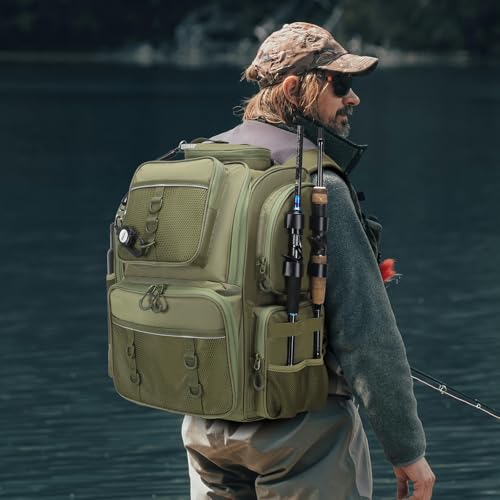 WANOON Fishing Backpack,Tackle Bag,with Tackle Boxes. Large Fishing Bag, Strong Materials - color: Army Green, size: 42L-With Tackle Boxes