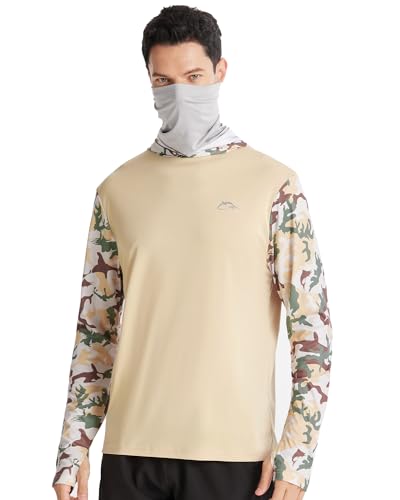FISHEAL Men's Performance Fishing Hoodie Shirt - UPF 50+ UV Sun Protection Long Sleeve Shirts with Mesh Face Mask - color: Desert Sand Camo, size: Small