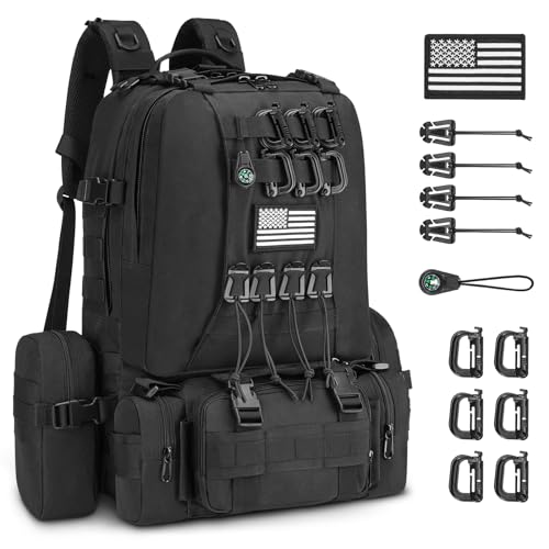 CVLIFE 60L Tactical Backpack for Men Women Military Large Army Rucksack With D-Ring Molle Clips Compass Accessories 3 Day Bug Out Survival Molle Bag Hiking Camping Gym Daypack Backpacks,Black | 3 Day Bug Out Survival Molle Bag, D-Ring Clips & Compass Acce